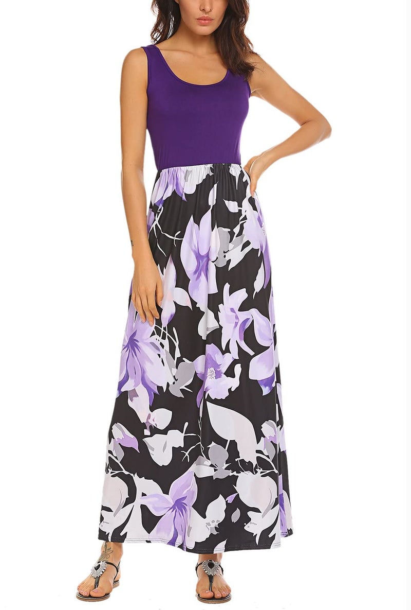 Bluetime Women's Sleeveless Flower Print Summer Beach Dress Casual Maxi Long Dresses (Purple, XL) - Image 2